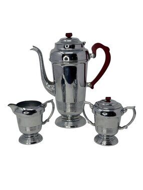 Mid Century Chrome Coffee Pot Creamer Sugar Set Bakelite Handles